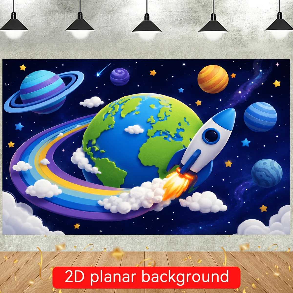 Cartoon Space Rocket Tapestry, Earth & Planets Galaxy Wall Hanging, Kids Room Decor, Solar System Art Colorful Universe Backdrop