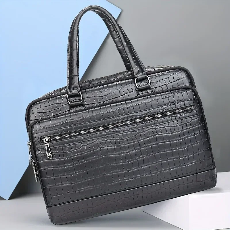 Luxury Men's Genuine Leather Crocodile Grain Laptop Briefcase, Durable Computer Handbag & Briefcase Bag