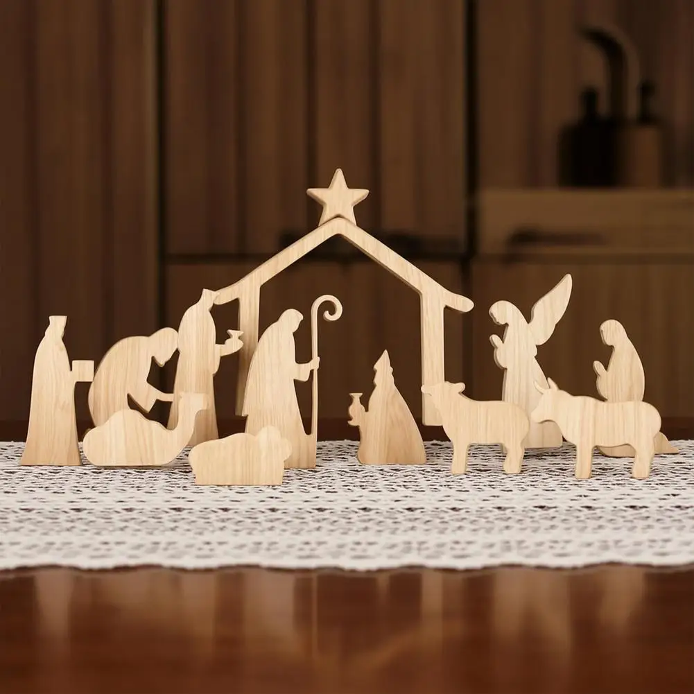 Wooden Christmas Nativity Scene Set Indoor Holiday Tabletop Decoration 13pcs Wooden Nativity Scene Set Mini Holy for Indoor