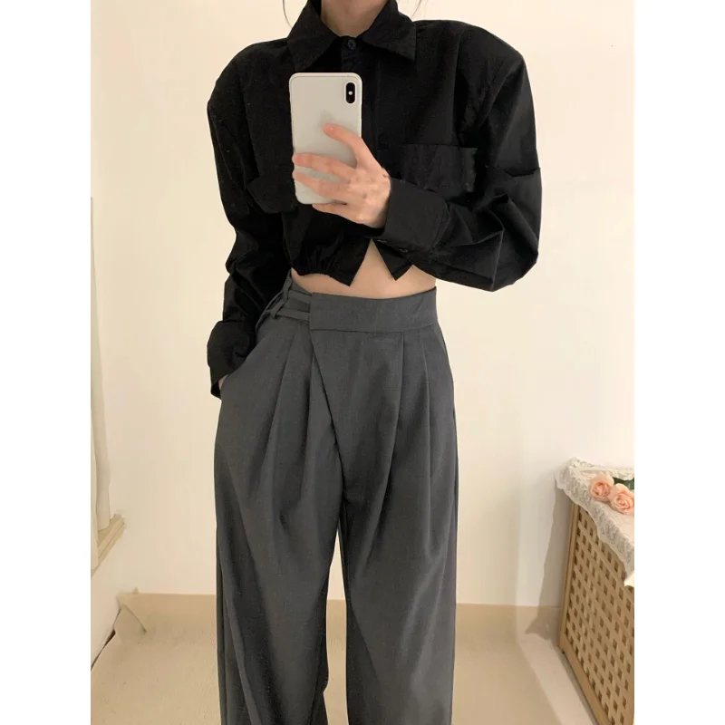 Deeptown Slacks Office Classic Suit Pants for Women Korean Fashion Gray High Waist Palazzo Elegant Vintage Fluid Formal Trousers