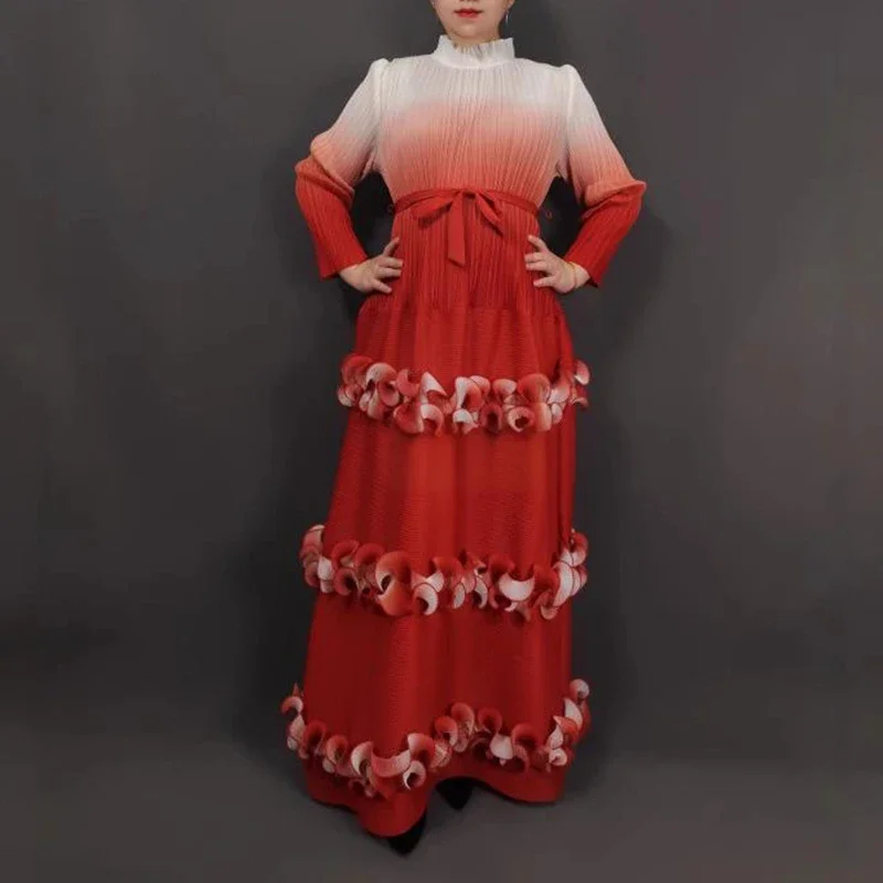 ALSEY 三宅 2025 夏の新ハイエンドグラデーションフリルプリーツドレス女性の伸縮性のあるルーズ長袖ネクタイプリーツ服