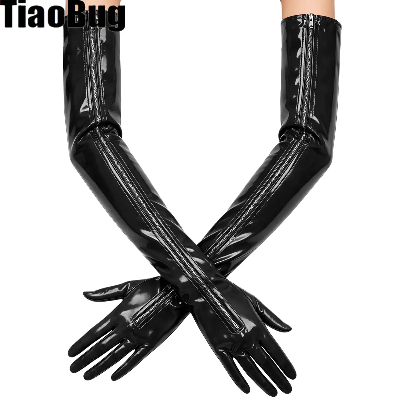 Women Long Faux Leather Gloves Full Finger Zippered Gloves Costume Accessories for Halloween Cosplay Evening Party