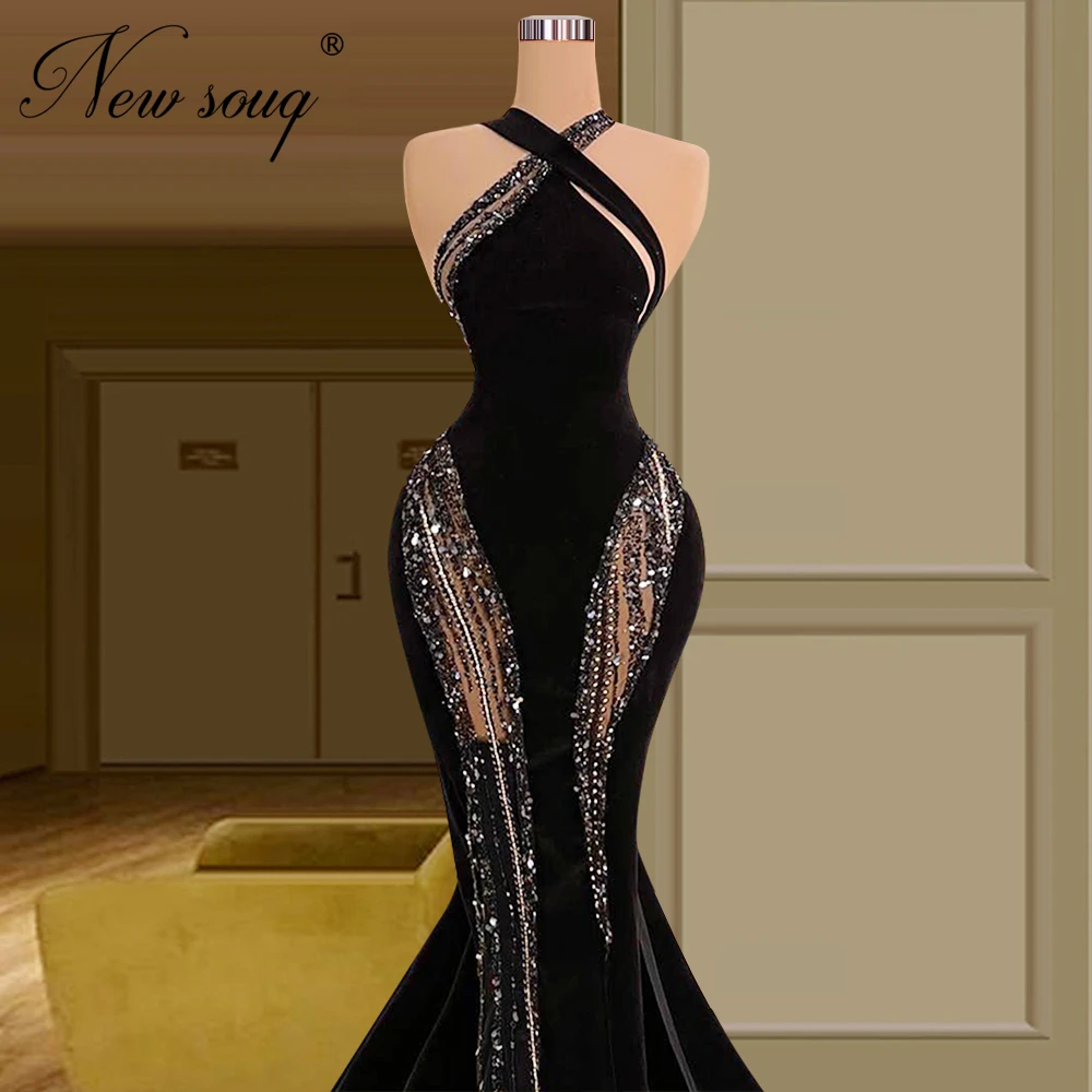 Sexy Black Mermaid Long Prom Dresses Custom Made formale paillettes Illusion Party Engagement Dress nuovi abiti da sera arabi Dubai