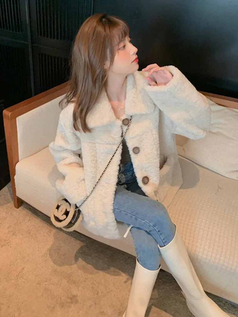 Jehněčí kožešinová bunda pro ženy, podzimní a zimní volné dlouhé rukávy, zesílený sametový svrchní oděv v korejském stylu, všestranný krátký styl - náhled 2