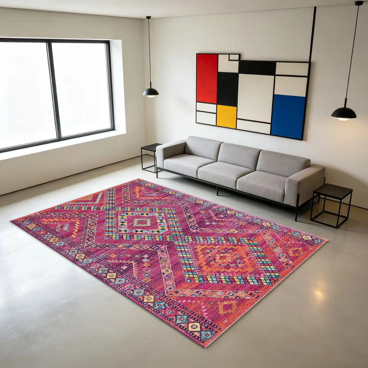 Bohemian Bright Geometric Square Area Rug Ethnic Tribal Printed Floor Carpet for Living Room Bedroom Home Decor