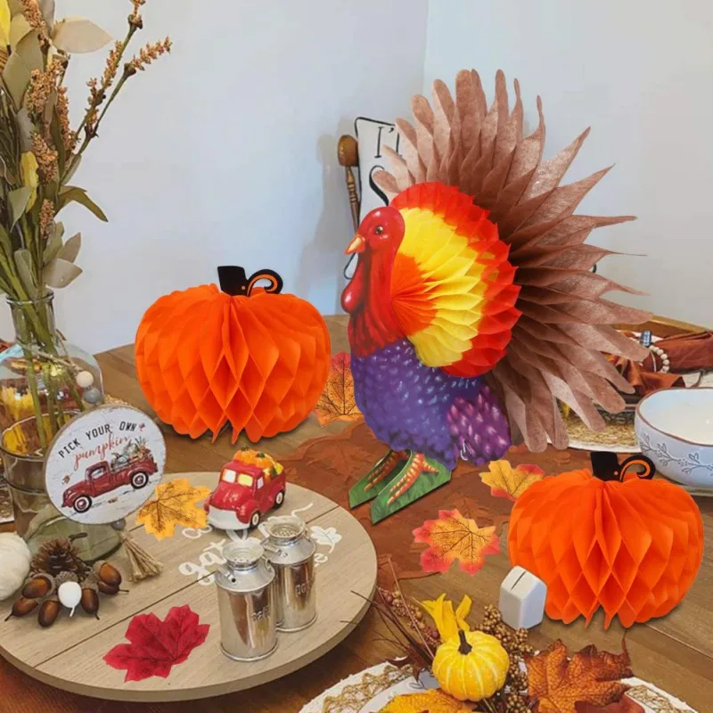 Thanksgiving Tissue Turkey Decorations Pumpkin Centerpiece Table Decoration with Artificial Maple Leaves for Harvest Party