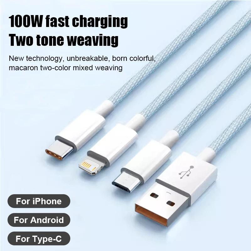 كابل شحن سريع 3In1 100 وات 6A لهاتف آيفون وشاومي ريدمي بوكو ون بلس ممن لهم Realme مايكرو USB من النوع C شاحن هاتف كابل بيانات USB