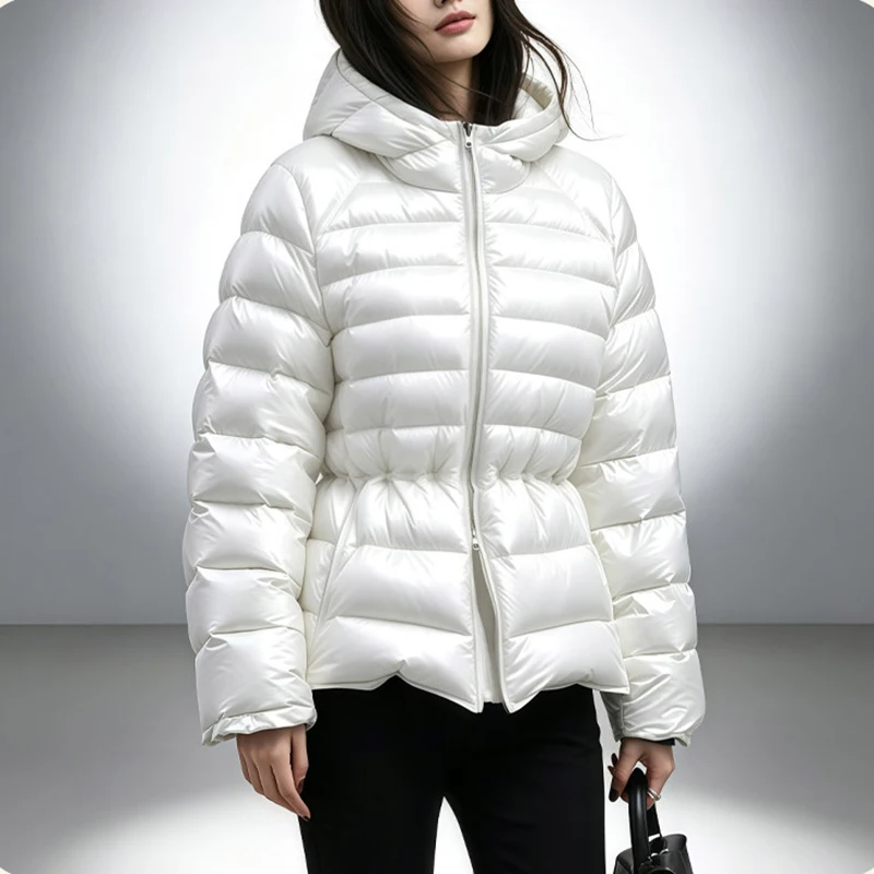Winter Waterproof Thick Zipper Down Jacket Female Hooded Warm Down Jacket Women White Duck Down Puff Fluffy Drawstring Outwears
