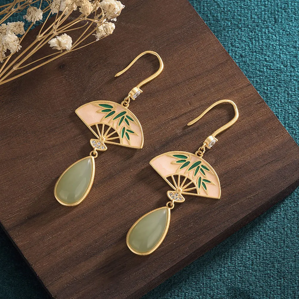 

1Pair Fan Shape Earrings Jade Ear Drop Classical Pendant Chinese Style Ear Decors for Ladies Jade Earrings Classical Earring