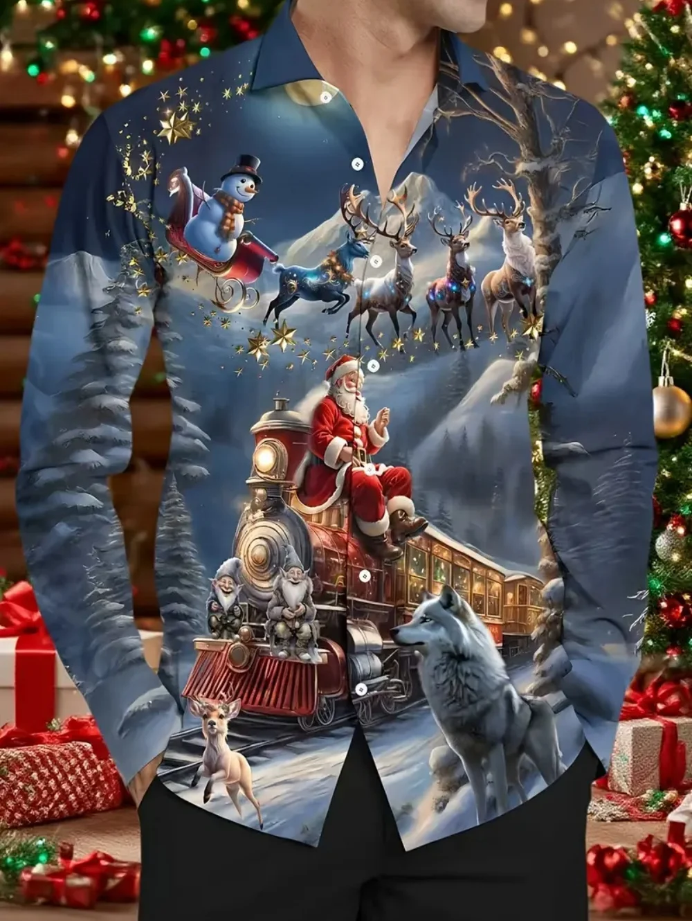 Christmas Santa Claus Casual Men's Button up Shirt Long Sleeve New Year Theme Shirt Collar Button 3D Print Thin Polyester Shirts
