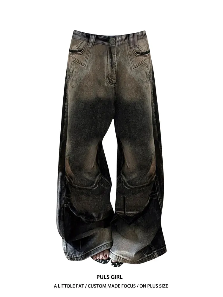 

Джинсы женские с высокой талией и широкими штанинами, больших размеров, в американском стиле, с эффектом потертости, окрашенные, с пэчворком, в стиле хай-стрит, апокалиптический дизайн