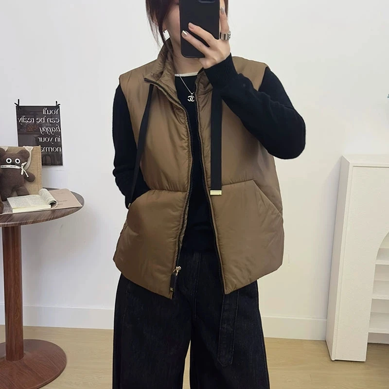 Schinteon Gilet da donna in piumino d'anatra bianco Colletto alla coreana Giacca senza maniche casual Semplice tinta unita Alla moda Autunno Inverno Top Nuovo