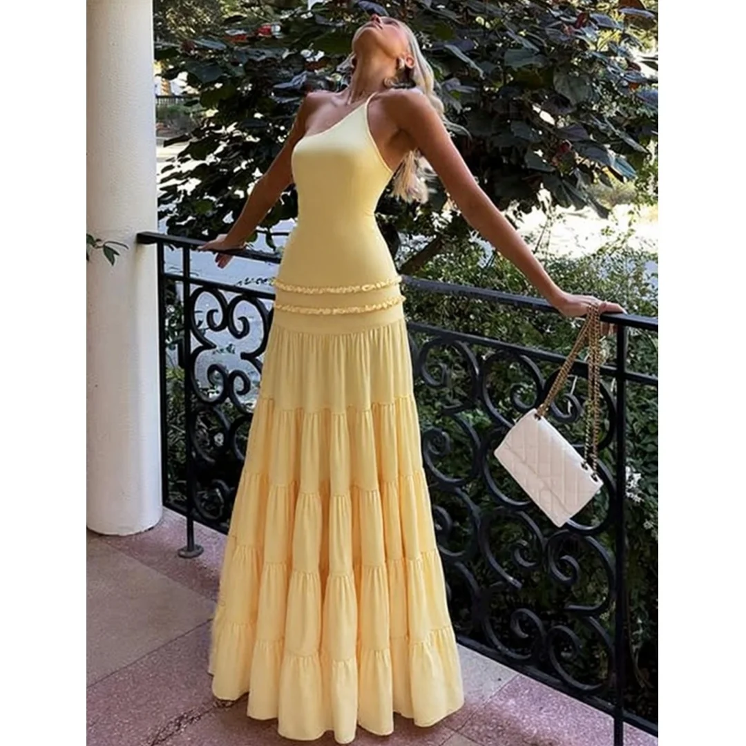 

Yellow Spaghetti Straps Evening Dresses Backless Pleated Maxi Gown Chic Ruffles Party Dress Customized Elegant Vestidos