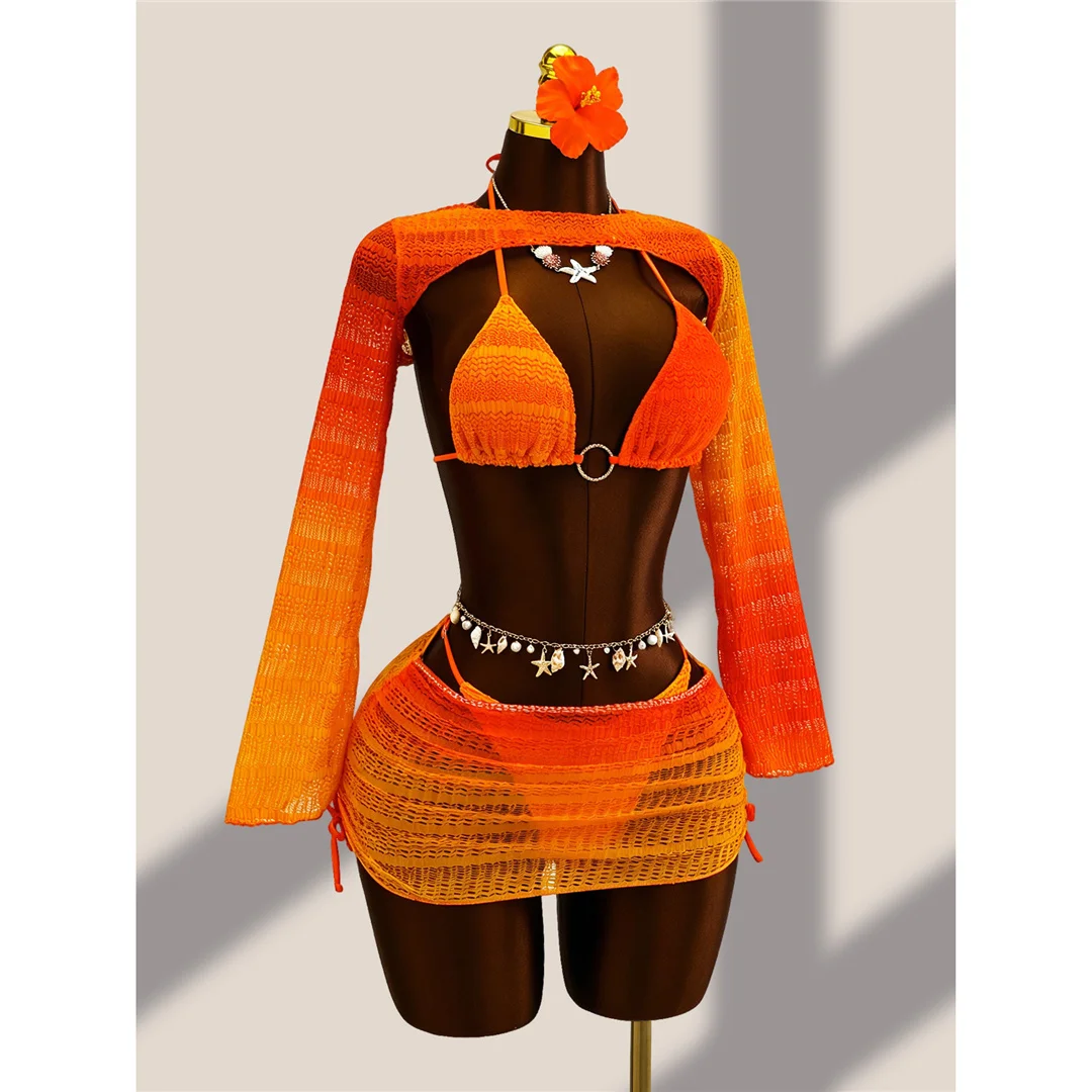 4-teiliges Bikini-Set mit Überwurfrock, Farbverlauf, Damen-Badebekleidung, Badeanzug, Badebekleidung, Badeanzug, Schwimmbekleidung V8303 – Detail 3