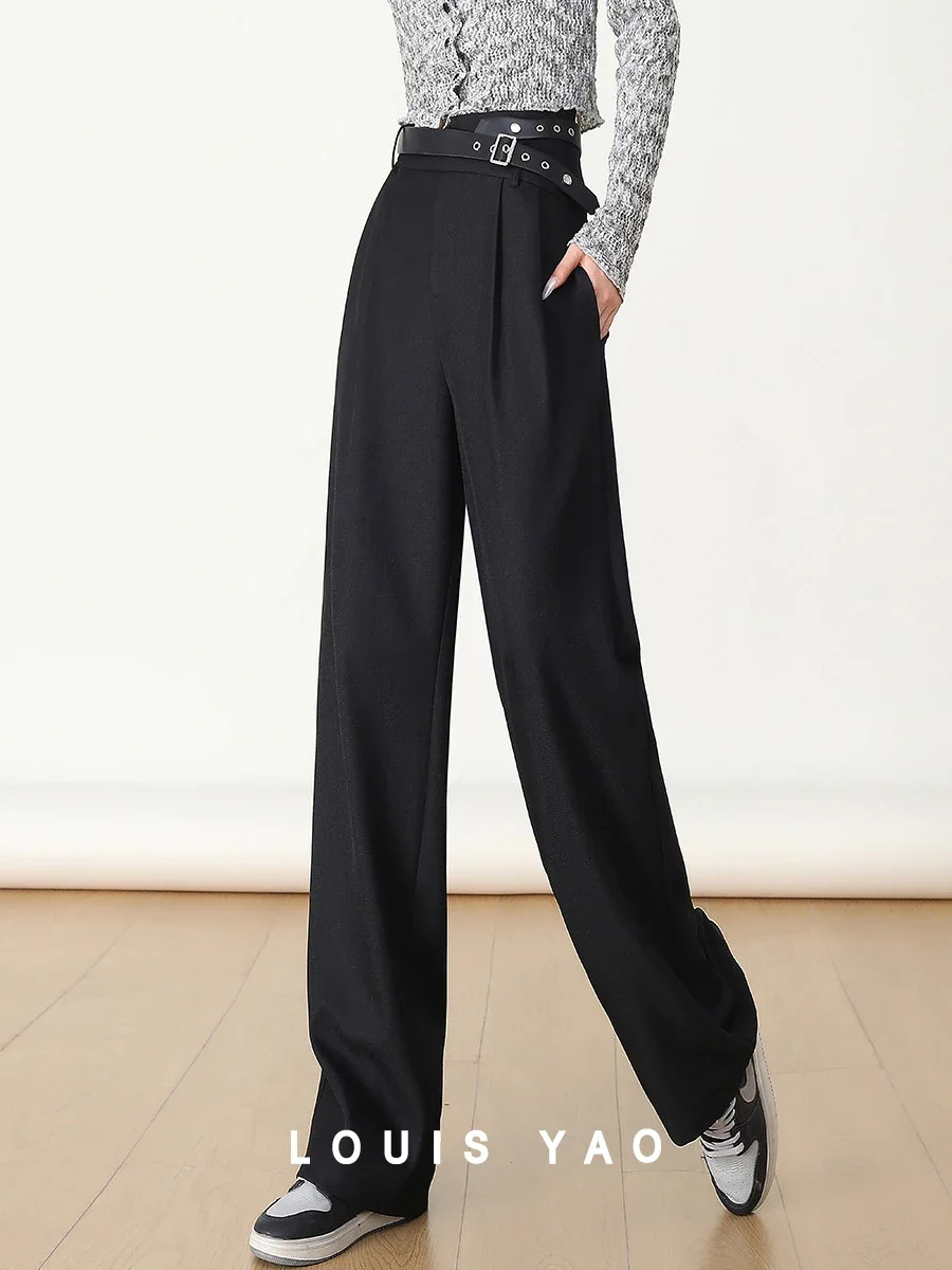 

LOUIS YAO Women Pants 2024 New Office Lady Wide Leg Suit Pants Straight Loose Fit with Belt Casual Long Trousers