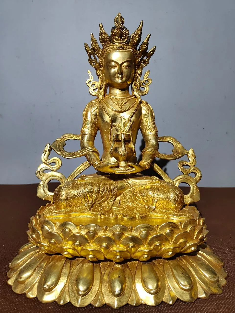 

Tibetan Brass Gilded Double Lotus Longevity Buddha Tara Avalokitesvara Decoration 32cm Home Buddha Hall Supplies Jewelry