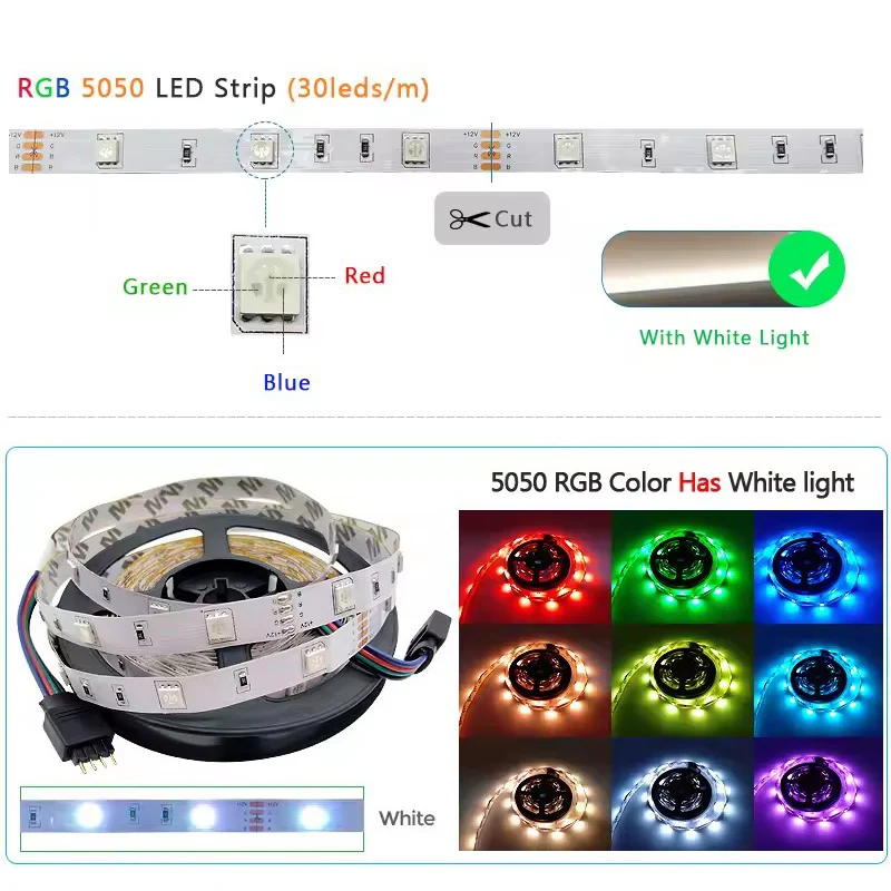 DC 12V LED Strip Light 30leds/m RGB 5050 Led Light Strip Flexible Ribbon Lamp Tape 5M 10M 20M 30M Room Party Decoration Lighting