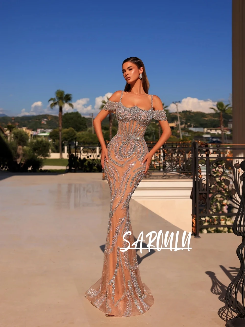 

Вечернее платье телесного цвета с открытыми плечами и бисером, мерцающее, 2026, облегающее, для выпускного вечера, коктейльное платье по индивидуальному заказу, роскошная праздничная одежда знаменитостей