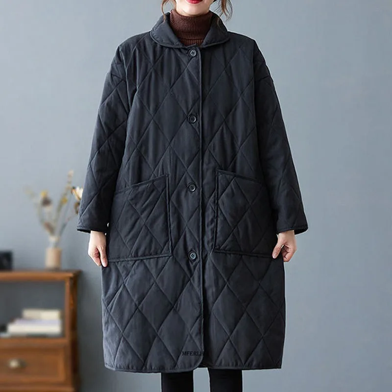 女性用ターンダウンカラージャケットとコート,コットンウェア,黒,ラージサイズ4xl,110kg,冬