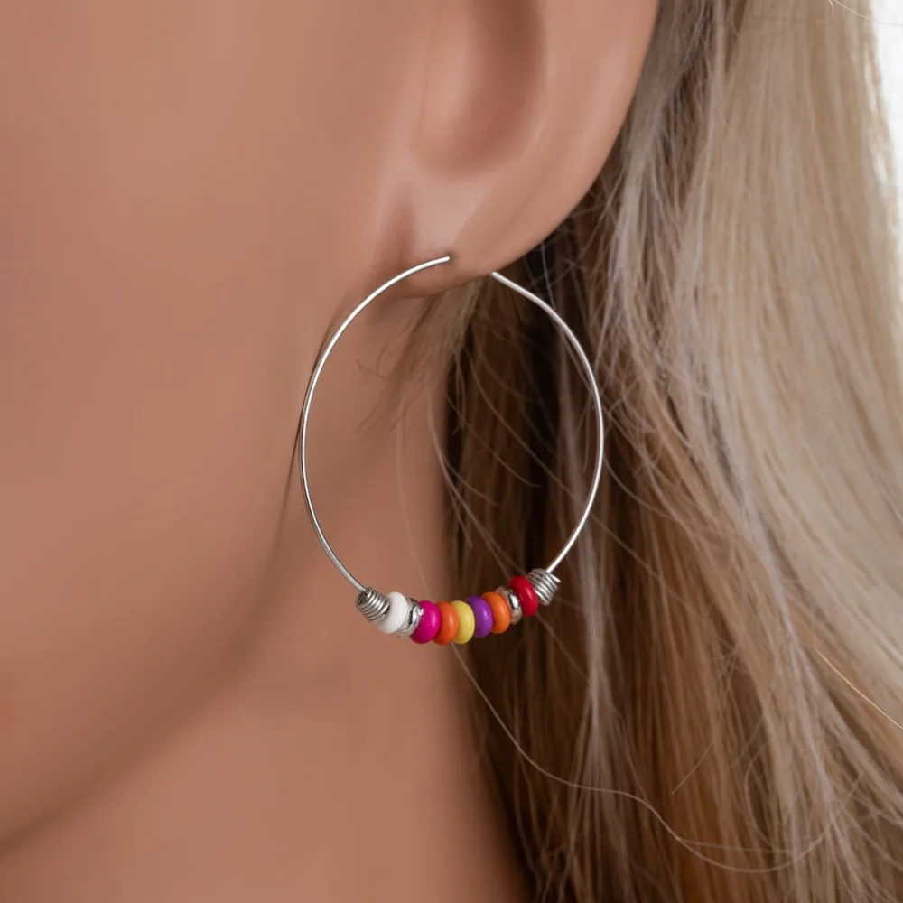 Trendy Bohemian Silver Color Circle Hand Strung Rainbow Bead Big Hoop Earrings for Women Holiday Pool Outdoor Casual Jewelry