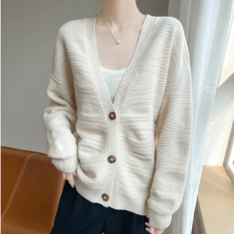

Woman 100% Pure Merino Sweater Coat V-neck Cardigan Casual Cashmere Knitwear Jacquard Top Autumn Winter New Jacket Warmth Thick