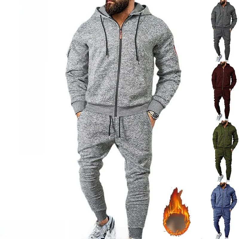 

Men's Fleece Lined Hooded Zipper Sports Suit Long Sleeve Casual Wear Winter Collection Comfortable Breathable Polyester