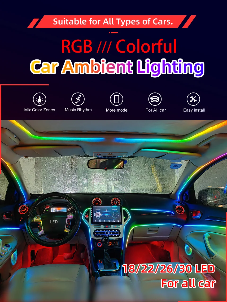 30-in-1 Symphony Auto-Ambientelicht RGB 128 Farben Universeller Auto-Innenraum-LED-Streifen Acryl-Hintergrundbeleuchtung Symphony Atmosphärenlampe – Detail 3