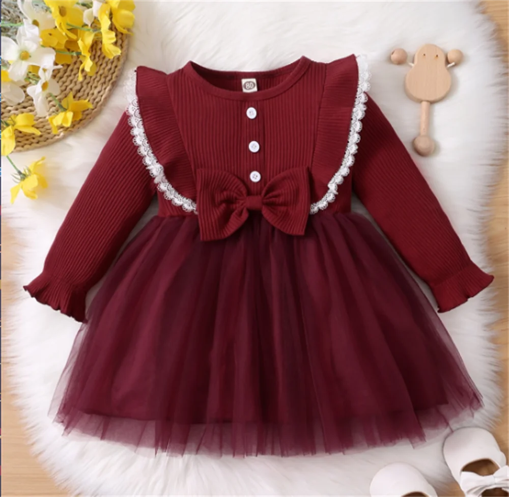 3-24 Months Newborn Baby Girl Birthday Princess Dress Ruffle Long Sleeve Tutu Lace Red Dress Toddler Girl Fashion Partywear