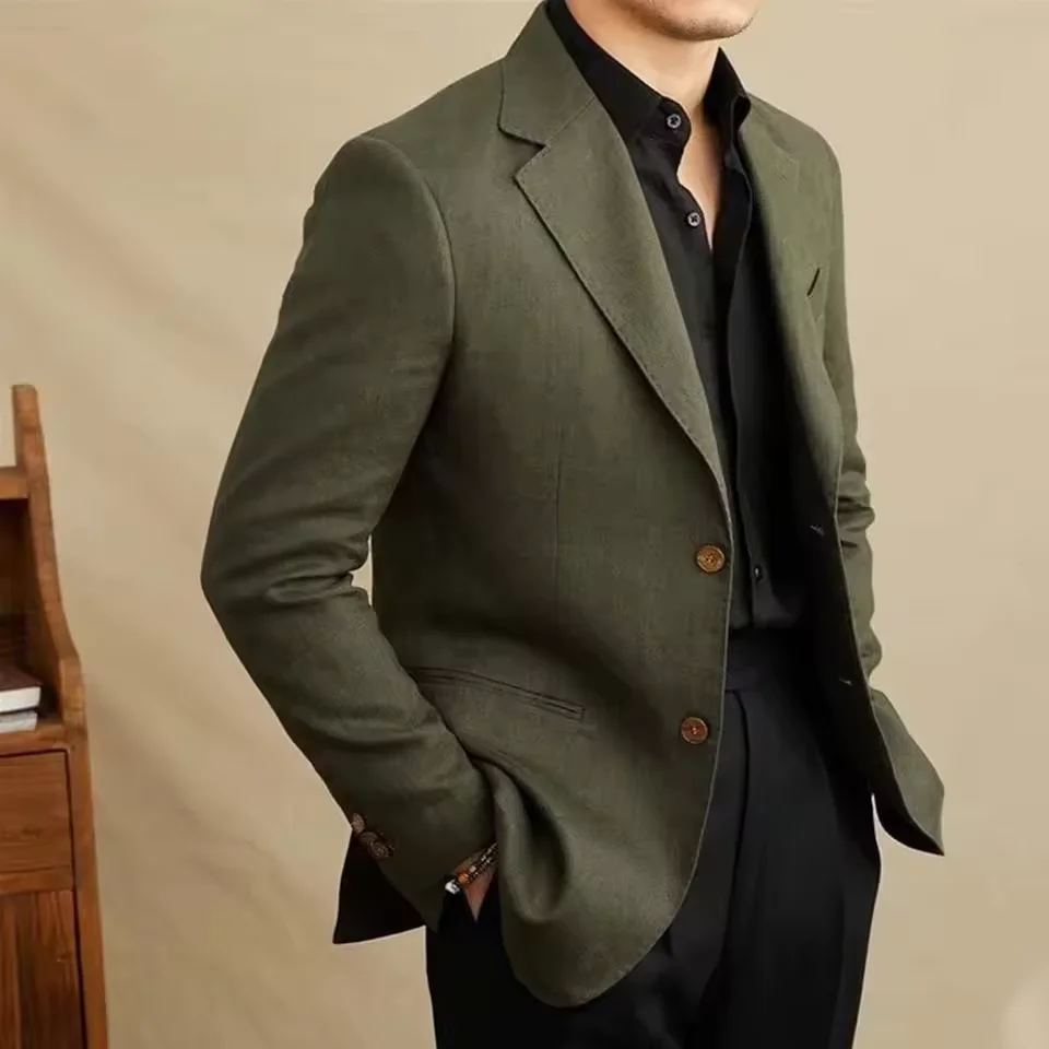 Vintage Men's Linen Blazer Double Breasted Peak Lapel Slim Fit Jacket Breathable Soft Wrinkle Free Business Casual Men Suit Coat image 4