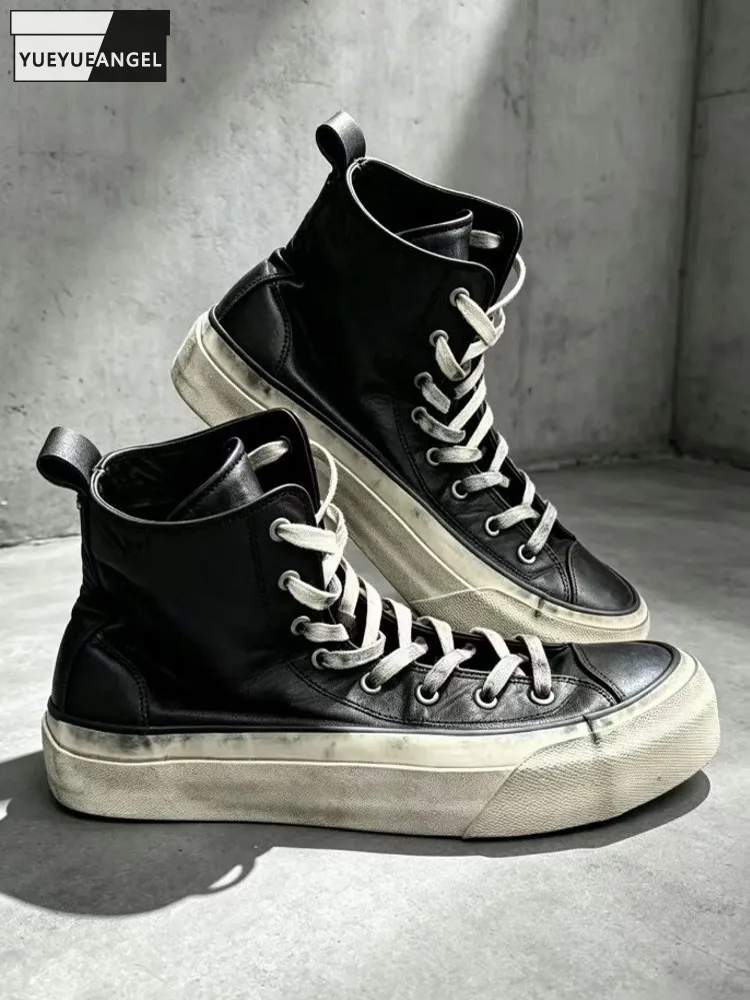 Mens Horsehide Genuine Leather Shoes High Top Thick Platform Skateboard Lace Up Shoes Casual Male Comfortable Trainer Sneakers
