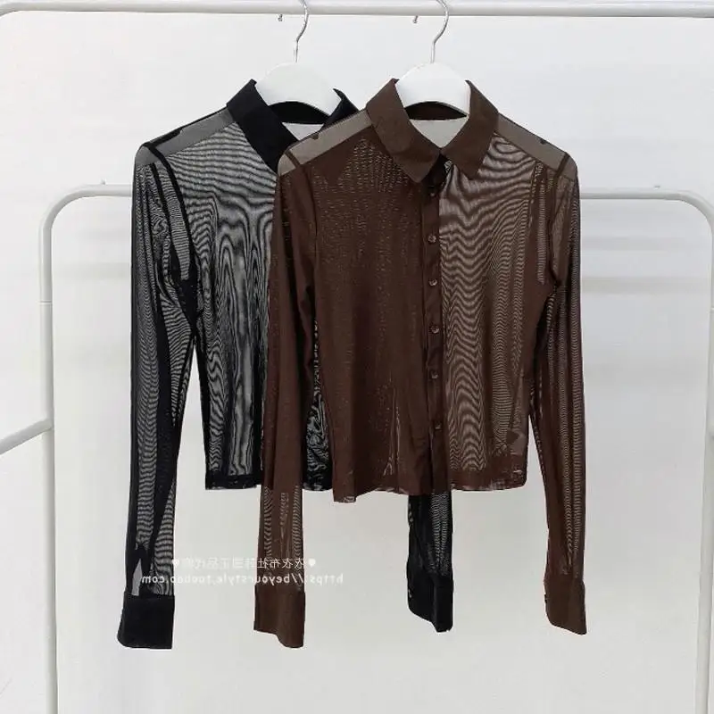 Y2K Women Mesh Sheer Blouse Chiffon See-through Long Sleeve Top Shirt Blouse Fashion Organza Transparent Shirt Female Blusas