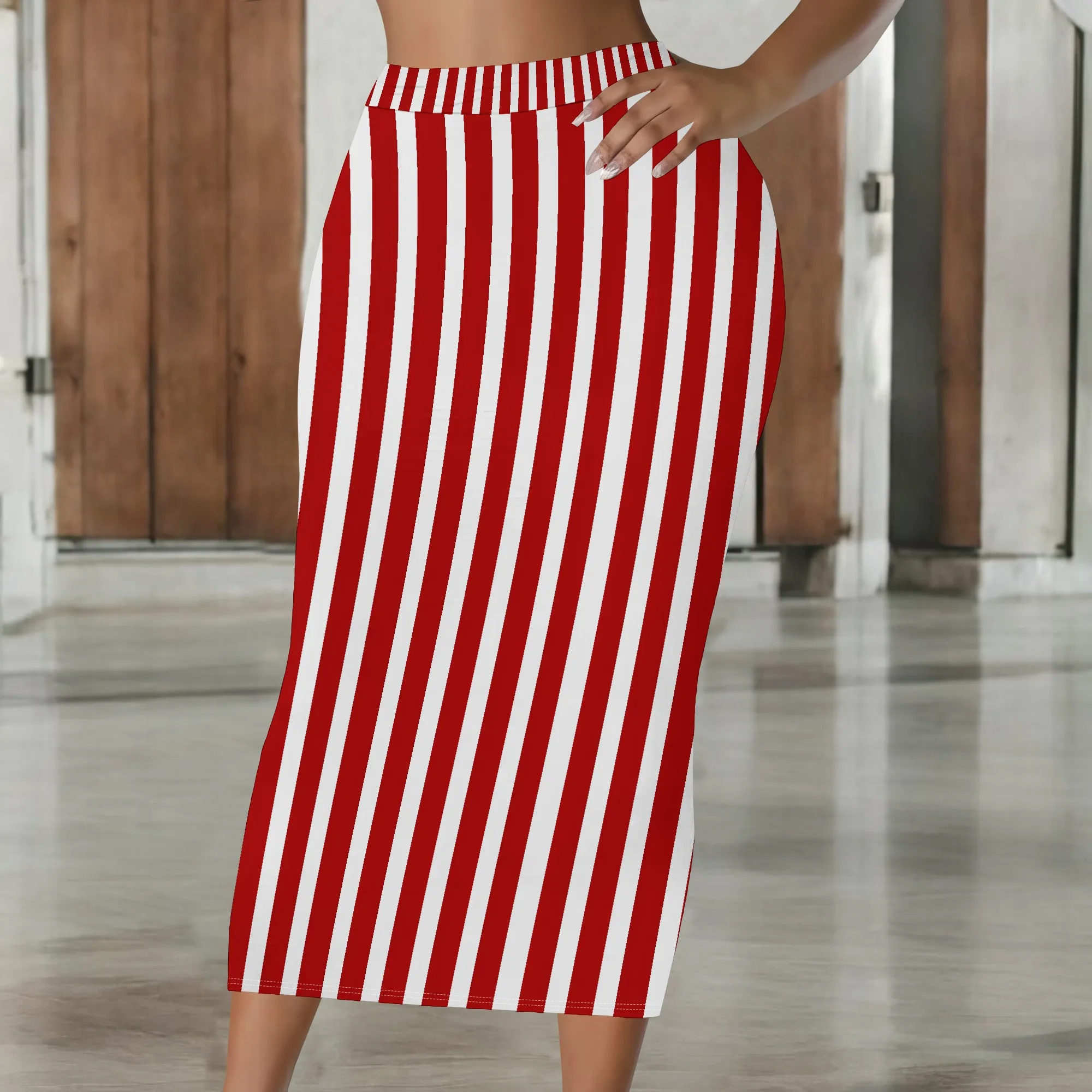 Striped Pencil Skirt, Red White Vertical Pattern, High Waist Bodycon Midi Skirt for Women, Summer Casual Office Wear, S-2XL