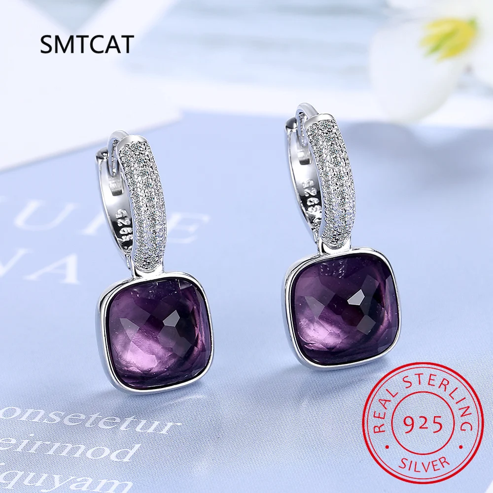 925 Sterling Silver Multicolor Square Earrings AAAAA Zircon Circle Earrings Cute Girls Fashion Exquisite Jewelry Wholesale