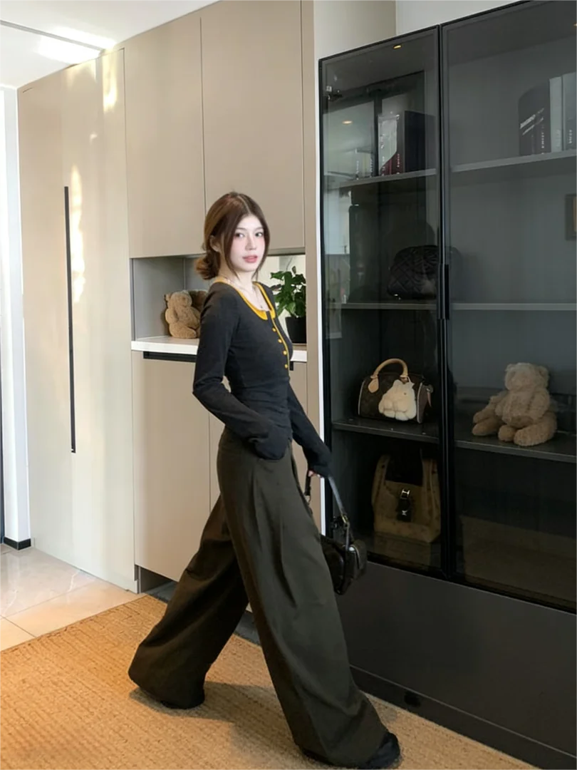 NUOMICI K-Fashion رمادي الملابس النسائية زر أسفل تريكو طويلة الأكمام تي شيرت الخريف الشتاء لطيف قاعدة طبقة سليم صالح الإناث #6