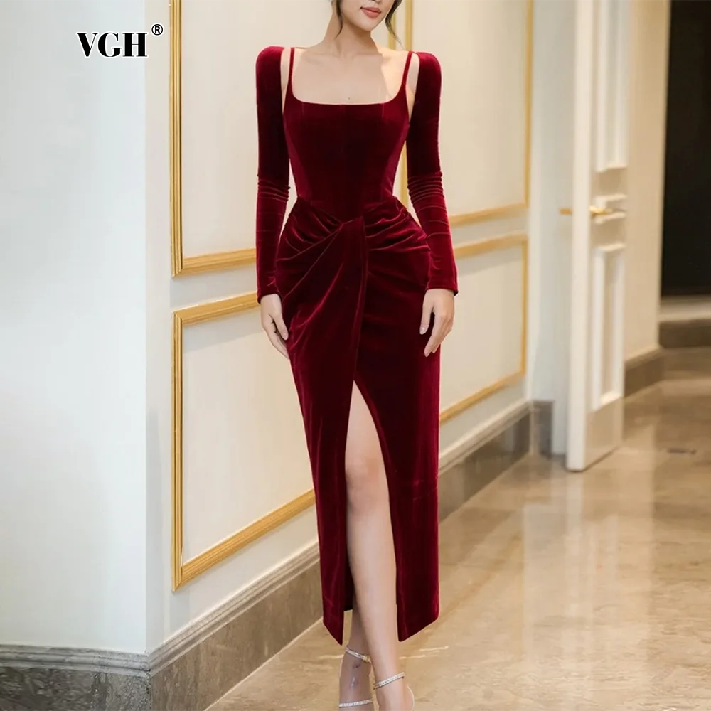 

VGH Elegant Patchwork Folds Vintage Dresses For Women Square Collar Long Sleeve High Waist Temperament Evening Dress Female New