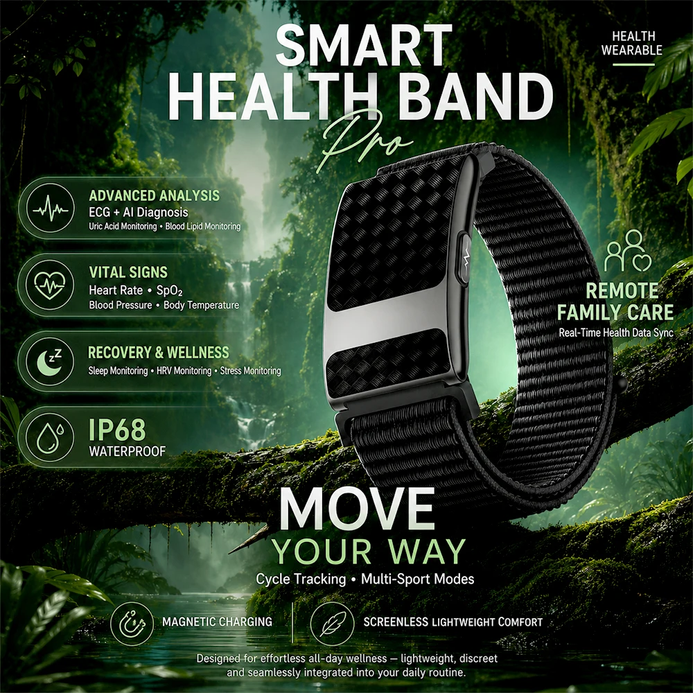 2026 New AI Health Smart Wristband with Screen SpO2 HRV Blood Pressure Sleep Monitor GPS Sports Tracker 3ATM Flexible Band