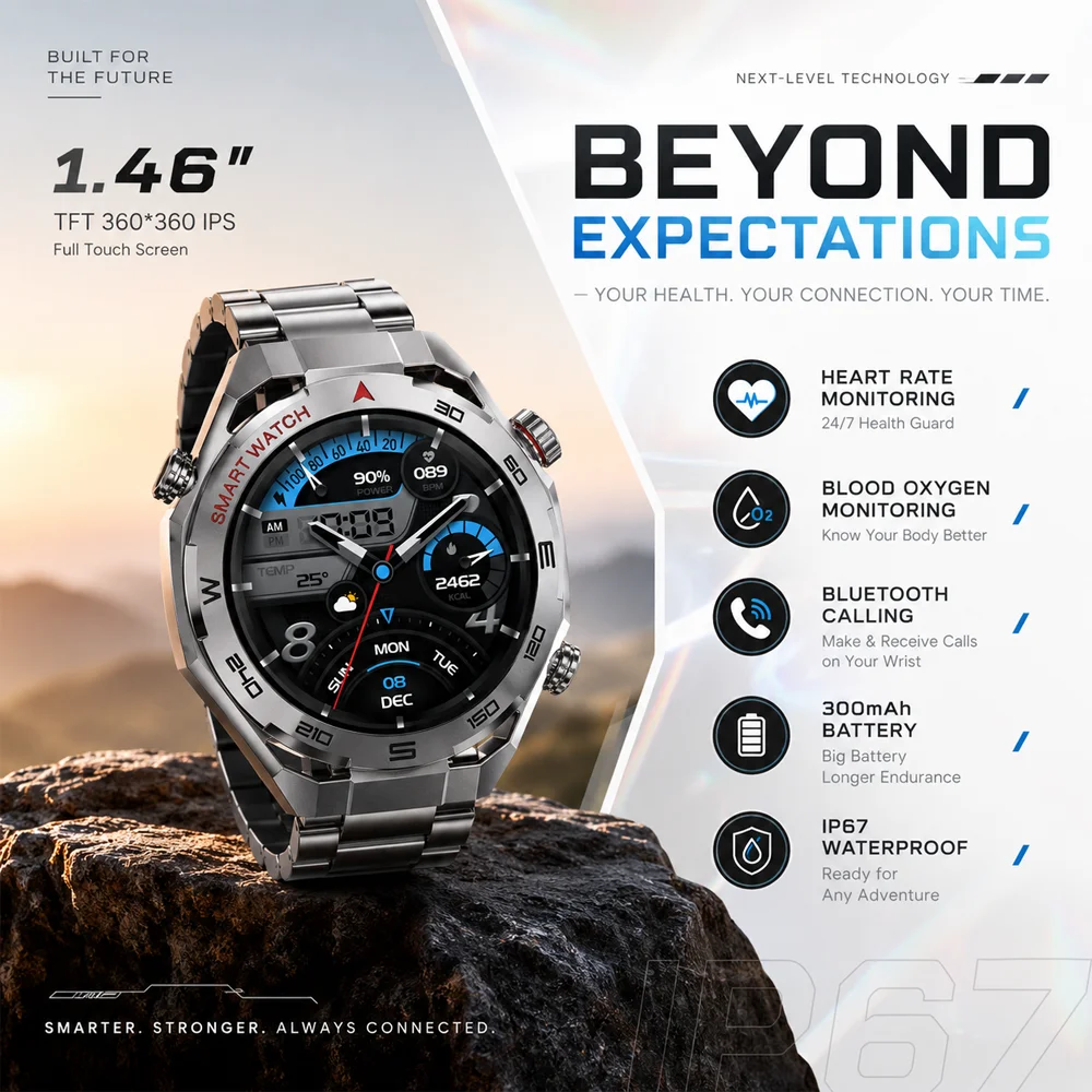 

IP67 Waterproof Smart Sports Watch 2026 1.46 Inch HD Display Health Monitoring Multi Sport Mode Bluetooth Call 300mAh Battery