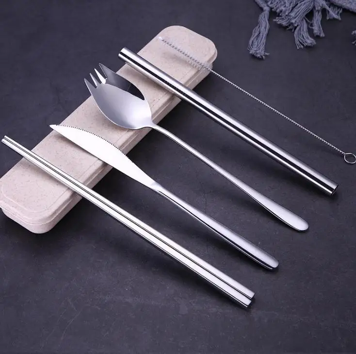 304 Stainless Steel Cutlery Fork And Spoon With Environmental Protection Straw Cleaning Brush Set Gift Dhl Wholesale