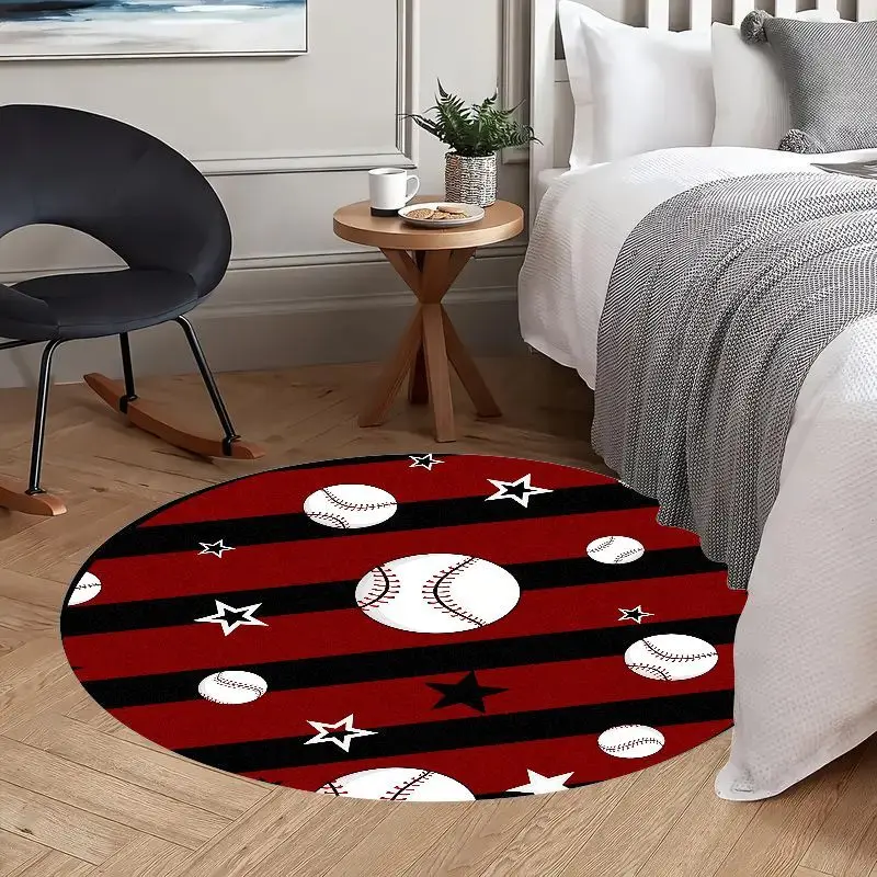Baseball Stars Stripes Round Rug Sports Theme Flannel Carpet for Game Room Bedroom Decorative Non Slip Washable Floor Mat