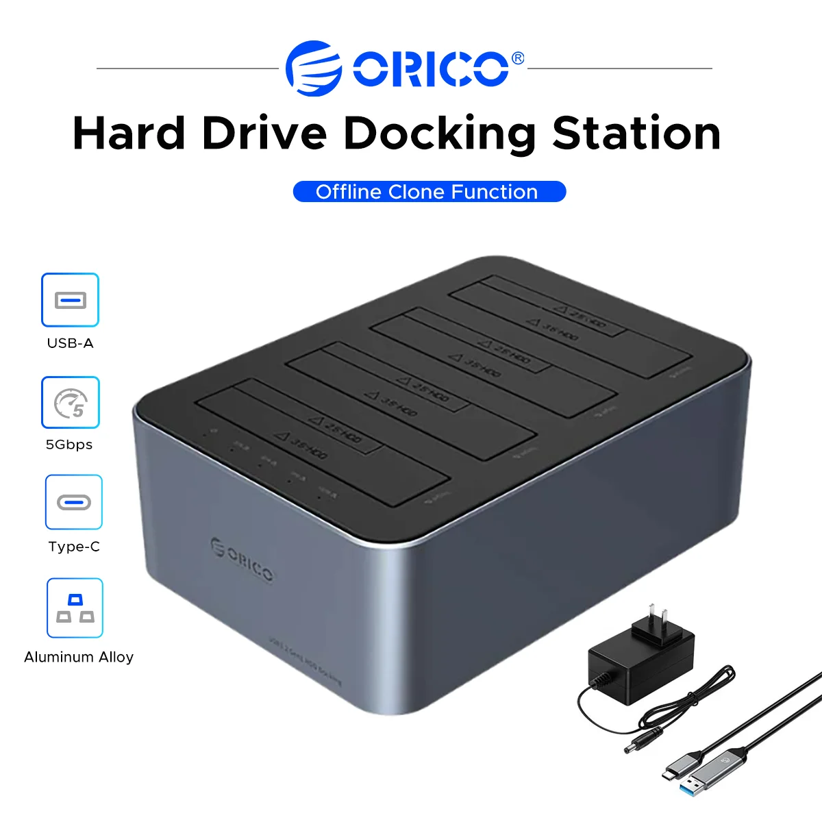 ORICO 4‑Bay Hard Drive Docking Station Type‑C 5Gbps Offline Clone for 2.5/3.5 inch SATA SSD HDD Max 80TB Docking Station