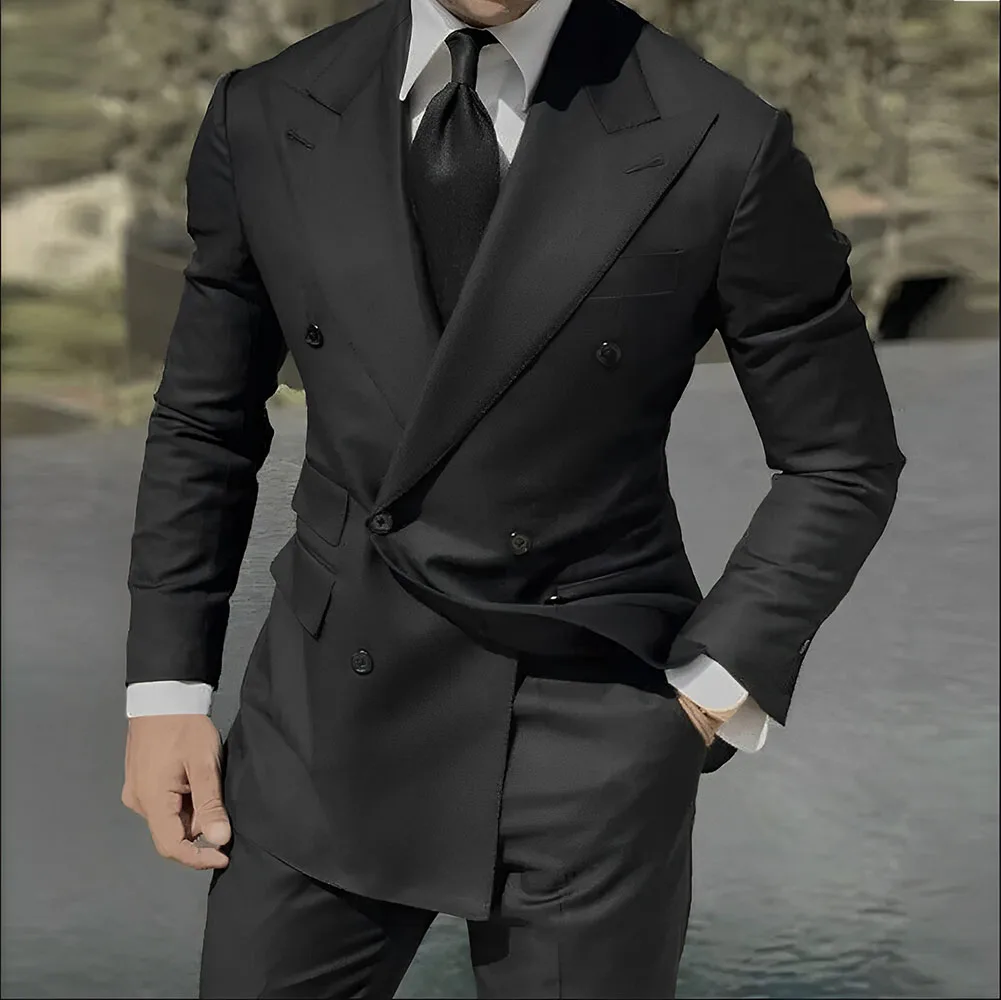 

Business Mens Suits Peak Lapel Double Breasted Blazer Wedding Groom Tuxedos 2Pcs Office Workwear Groom Blazer