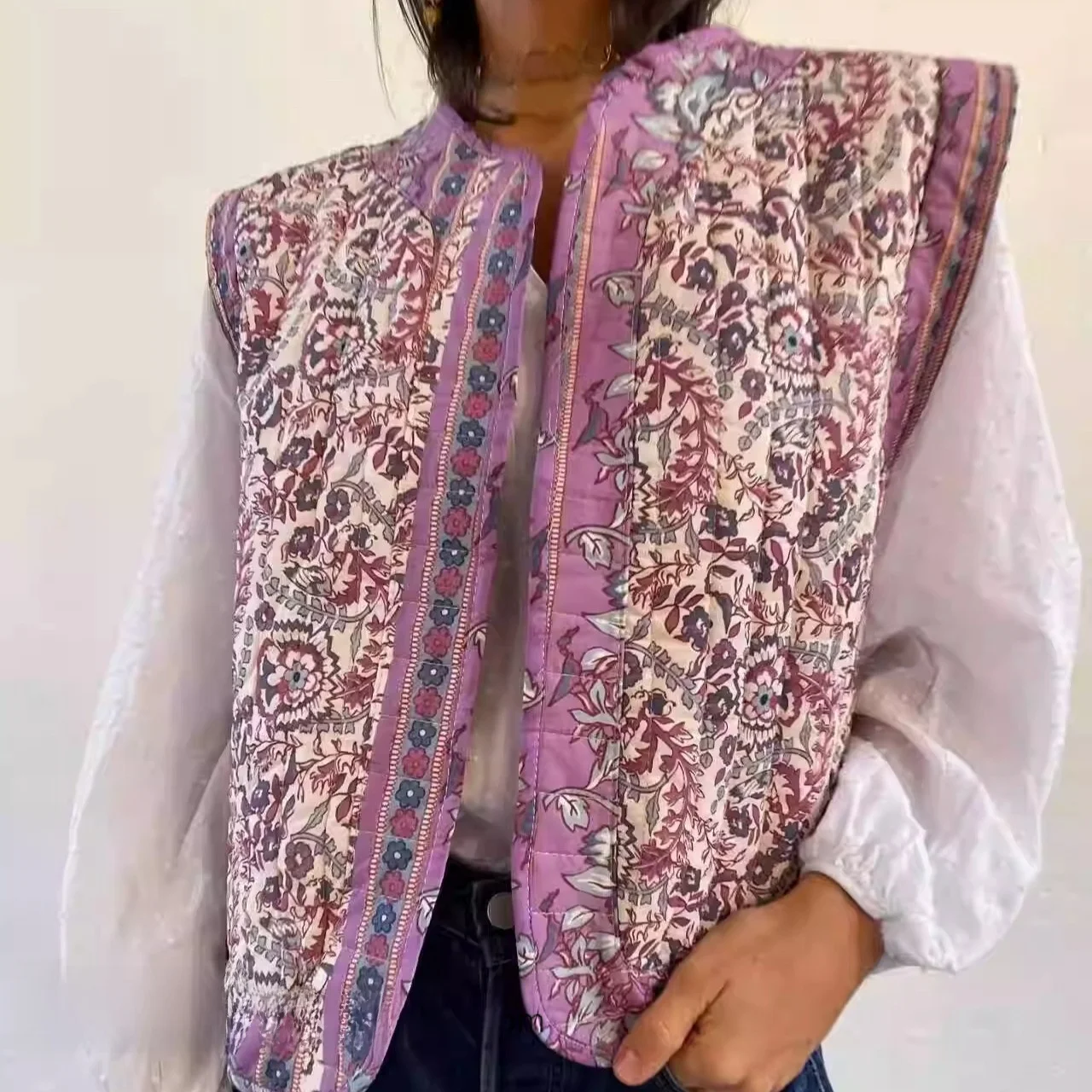 

Новый универсальный хлопковый жилет с принтом в стиле ретро Faion Color Blo Street Sle, женский жилет с цветочным узором, круглый No Button Clo...