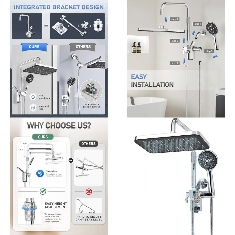 

12-Inch High-Pressure Rainfall Shower Combo with Handheld Spray and Adjustable Slide Bar, Black Bathroom Accessory