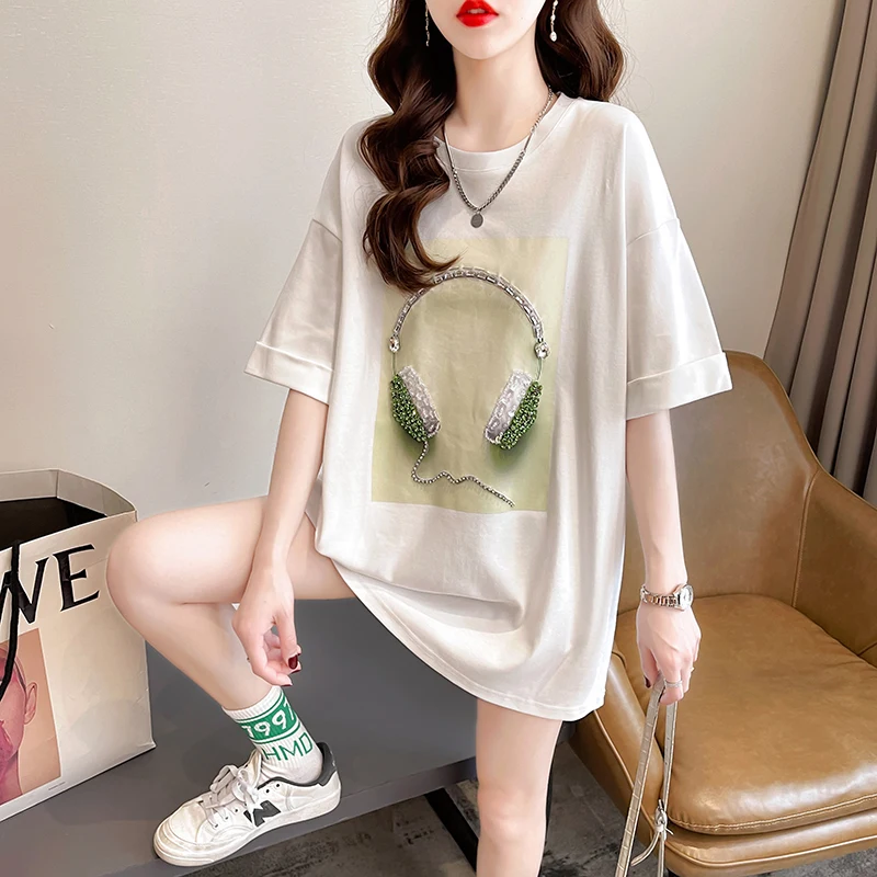 Cotton T-shirt Women's Short-Sleeved Tops 2024 Summer Korean Style Loose Rhinestone Headset Loose Half-Sleeve Top Female