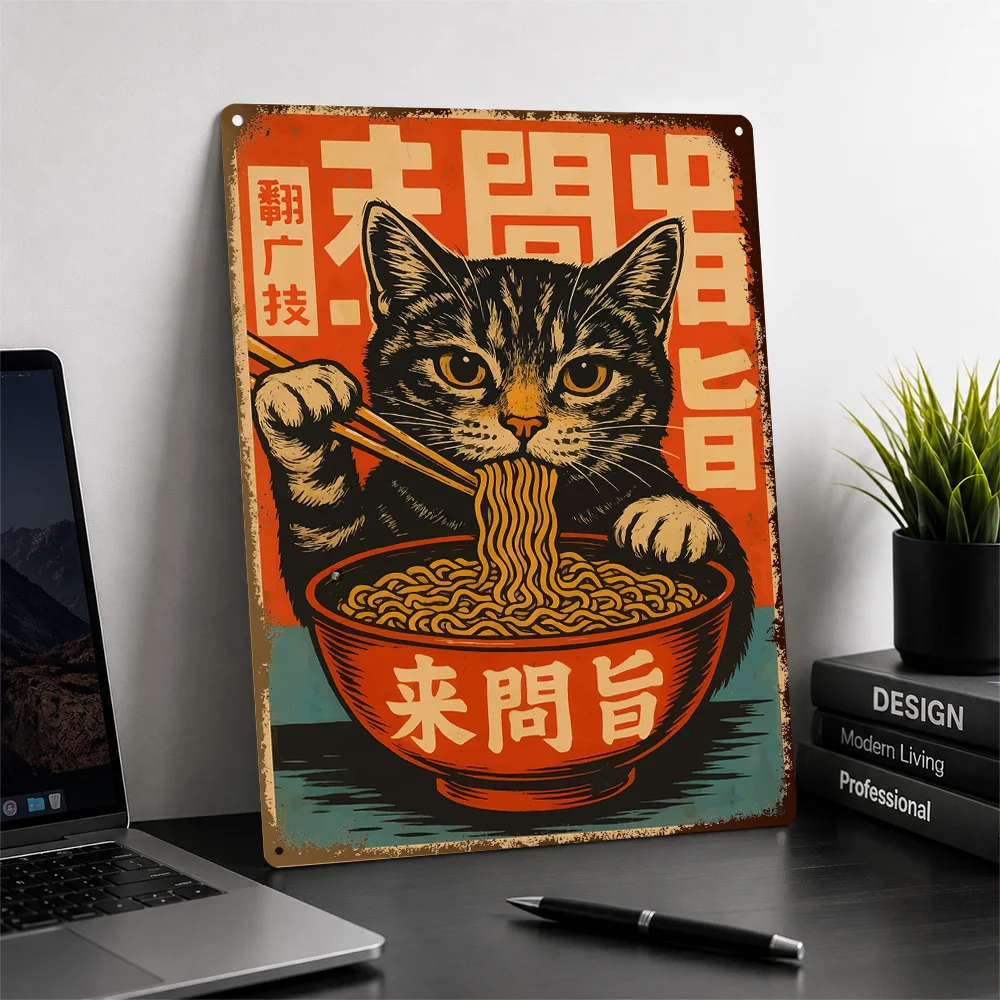 Cat Eating Noodles Printed Poster Vintage Illustrated Wall Art For Dining Room Customized Aluminum Metal Sign Housewarming Gift