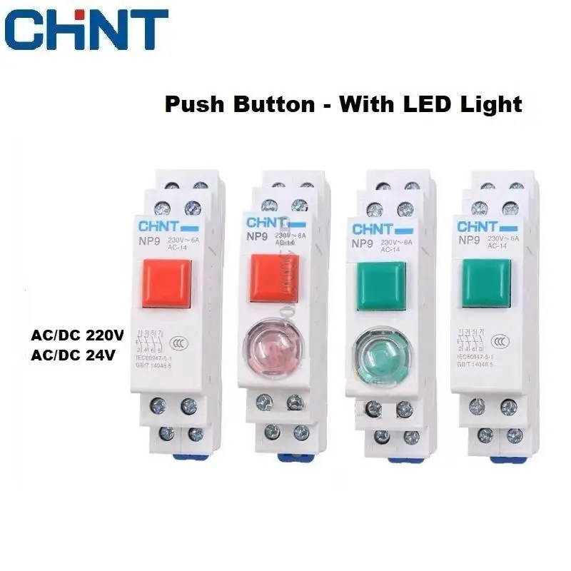 CHINT NP9 AC DC 220V 24V Push Button Card Din Rail Button Switch Reset With Moving Signal Light Led 2NO 2NC Pushbutton Switch