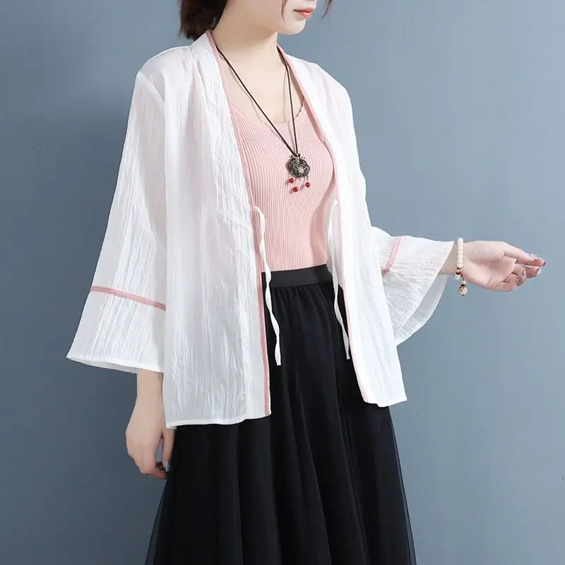 

Vintage Elegant Chinese Style Fashion Casual Loose Jackets Cardigan Solid Simplicity V-neck Spring Summer Thin Women's Clothing