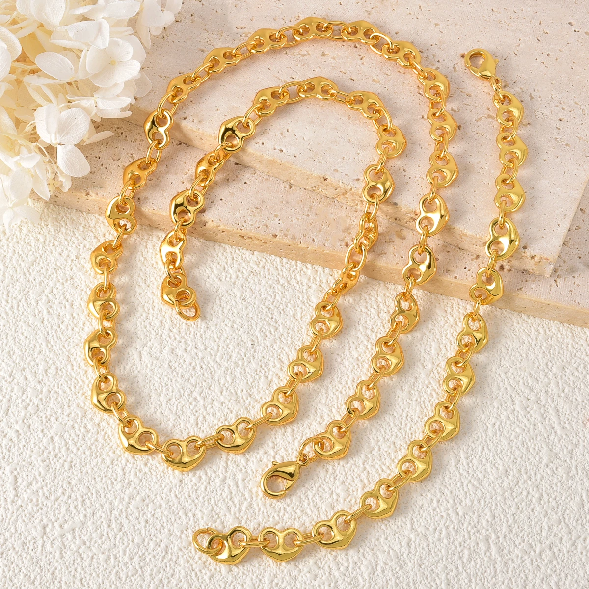 Link Chain Jewelry Set Gold Plated Necklace Bracelet For Women Hollow Love Chain Choker Daily Party Wedding Gift Accessories