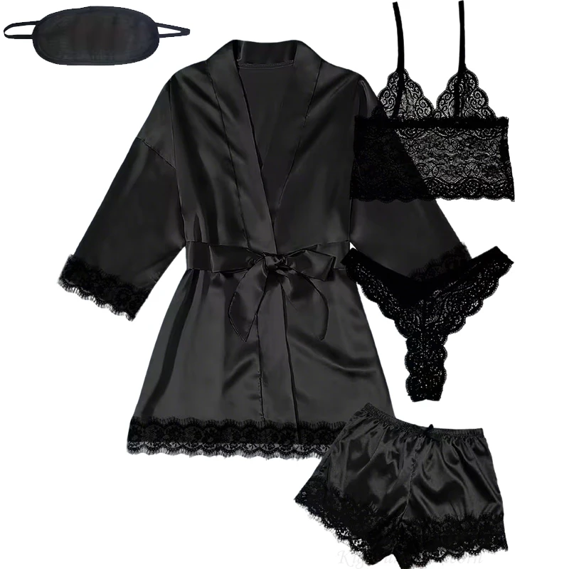 New Women's Pajama Plus Size Satin Body Shaping Sexy Black Lace Set with Eye Mask Dress Skin Comfortable Casual Silk Sleepwear