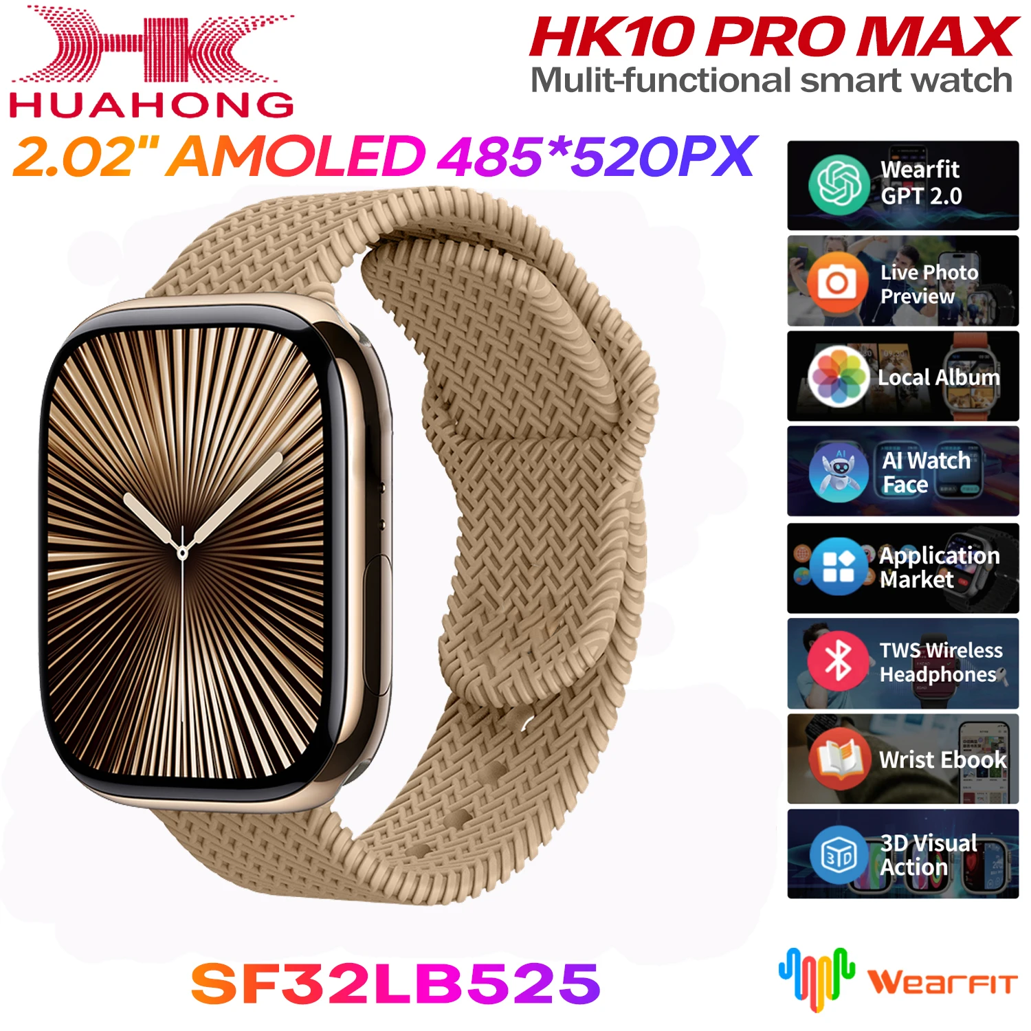 

2025 Smart Watch HK10ProMax For Apple Series 10 BT Call Local Music 2.02 "AMOLED 3D Menu Heart Rate Blood Pressure Gravity Dial